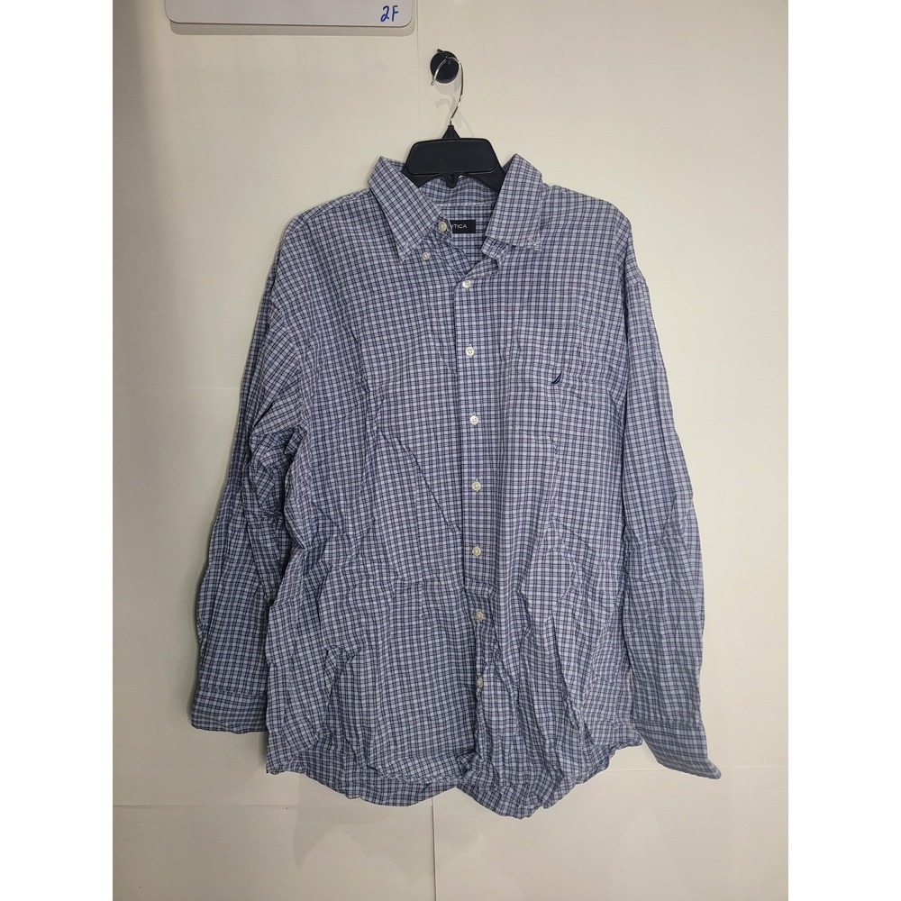 Mens Nautica long sleeve dress shirt, blue checkered, size 17.5 & 34/35